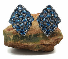 Load image into Gallery viewer, London Blue Topaz &amp; Natural White Zircon Cluster Earrings, Sterling Silver - GemzAustralia 