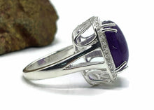 Load image into Gallery viewer, Amethyst Halo Ring, Size 9, Sterling Silver, Square Shaped, Cabochon Amethyst - GemzAustralia 