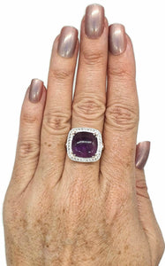 Amethyst Halo Ring, Size 9, Sterling Silver, Square Shaped, Cabochon Amethyst - GemzAustralia 