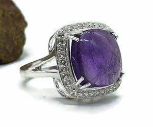 Amethyst Halo Ring, Size 9, Sterling Silver, Square Shaped, Cabochon Amethyst - GemzAustralia 