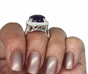Amethyst Halo Ring, Size 9, Sterling Silver, Square Shaped, Cabochon Amethyst - GemzAustralia 