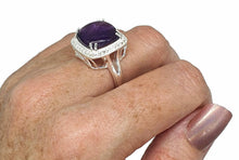 Load image into Gallery viewer, Amethyst Halo Ring, Size 9, Sterling Silver, Square Shaped, Cabochon Amethyst - GemzAustralia 