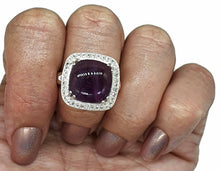 Load image into Gallery viewer, Amethyst Halo Ring, Size 9, Sterling Silver, Square Shaped, Cabochon Amethyst - GemzAustralia 