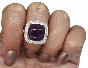 Amethyst Halo Ring, Size 9, Sterling Silver, Square Shaped, Cabochon Amethyst - GemzAustralia 