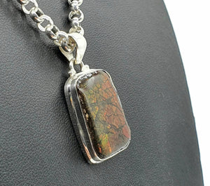 Red Ammolite Pendant, Sterling Silver, Rectangle Shaped, Opal like Gemstone - GemzAustralia 