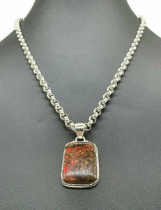 Red Ammolite Pendant, Sterling Silver, Rectangle Shaped, Opal like Gemstone - GemzAustralia 