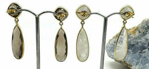 Rainbow Moonstone or Smoky Quartz Earrings, Sterling Silver, 14K Gold Plated - GemzAustralia 