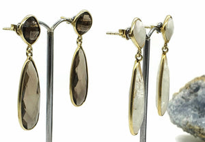 Rainbow Moonstone or Smoky Quartz Earrings, Sterling Silver, 14K Gold Plated - GemzAustralia 