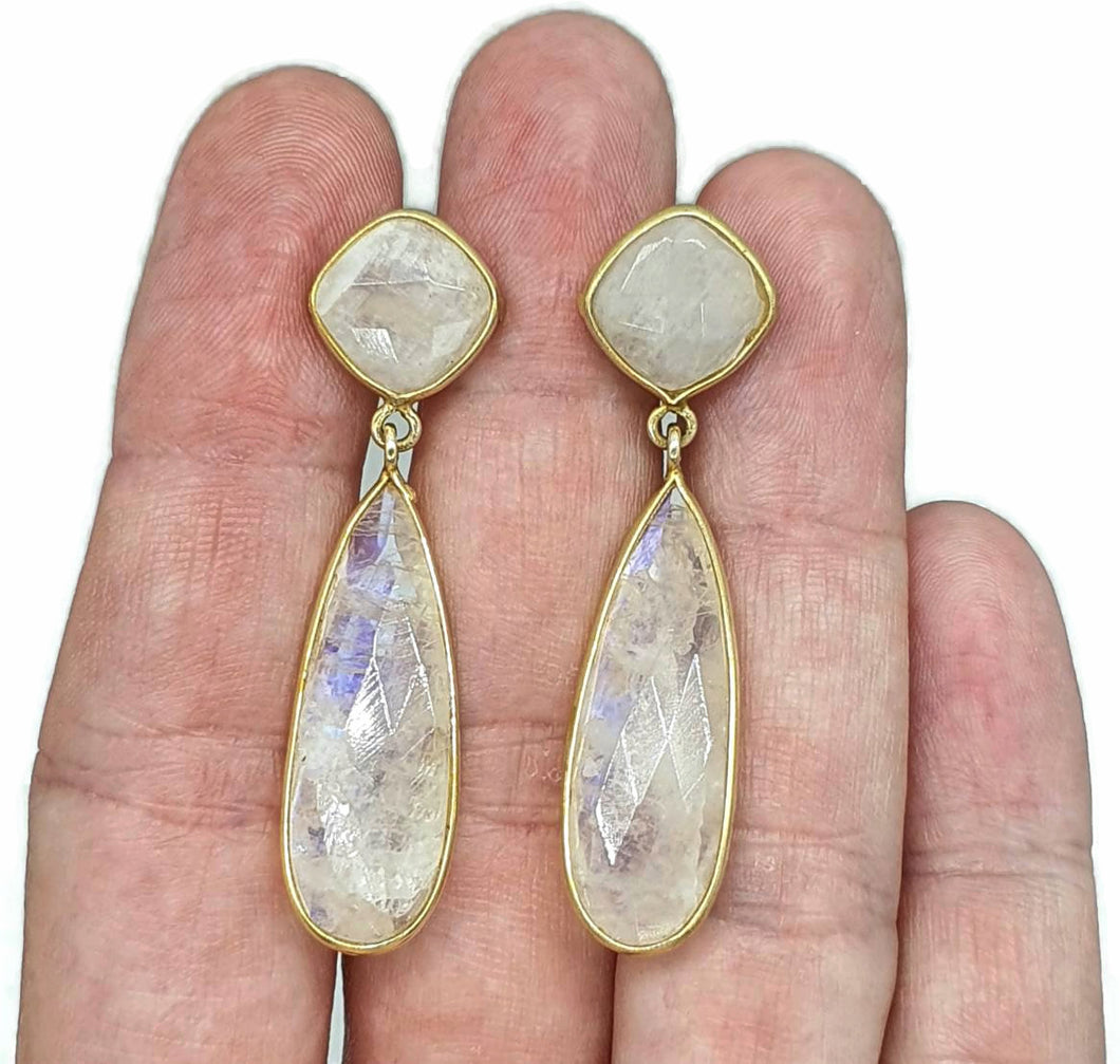 Rainbow Moonstone or Smoky Quartz Earrings, Sterling Silver, 14K Gold Plated - GemzAustralia 