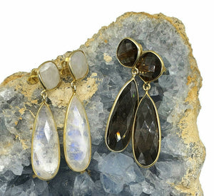 Rainbow Moonstone or Smoky Quartz Earrings, Sterling Silver, 14K Gold Plated - GemzAustralia 