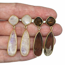 Load image into Gallery viewer, Rainbow Moonstone or Smoky Quartz Earrings, Sterling Silver, 14K Gold Plated - GemzAustralia 