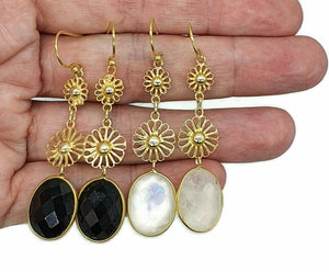 Long drop Gemstone Earrings, Sterling Silver, 14K gold plate, Black Onyx or Rainbow Moonstone - GemzAustralia 