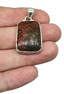 Red Ammolite Pendant, Sterling Silver, Rectangle Shaped, Opal like Gemstone - GemzAustralia 