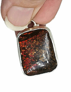 Red Ammolite Pendant, Sterling Silver, Rectangle Shaped, Opal like Gemstone - GemzAustralia 