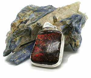 Red Ammolite Pendant, Sterling Silver, Rectangle Shaped, Opal like Gemstone - GemzAustralia 