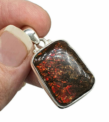 Red Ammolite Pendant, Sterling Silver, Rectangle Shaped, Opal like Gemstone - GemzAustralia 