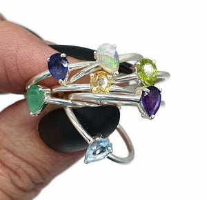 Genuine Gemstone Stacker ring, Sterling Silver, Pear Shaped - GemzAustralia 