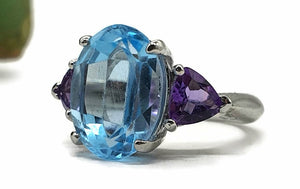 Swiss Blue Topaz & Amethyst Trilogy Ring, Size 7, Sterling Silver, Three Stone Ring - GemzAustralia 