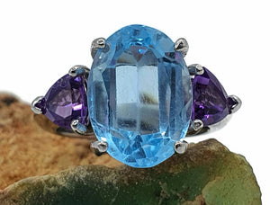Swiss Blue Topaz & Amethyst Trilogy Ring, Size 7, Sterling Silver, Three Stone Ring - GemzAustralia 
