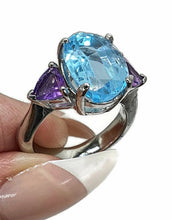 Load image into Gallery viewer, Swiss Blue Topaz &amp; Amethyst Trilogy Ring, Size 7, Sterling Silver, Three Stone Ring - GemzAustralia 