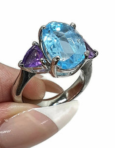 Swiss Blue Topaz & Amethyst Trilogy Ring, Size 7, Sterling Silver, Three Stone Ring - GemzAustralia 