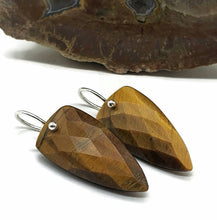 Load image into Gallery viewer, Tiger&#39;s Eye Earrings, Arrowhead Design, Sterling Silver, Checkerboard Facet - GemzAustralia 