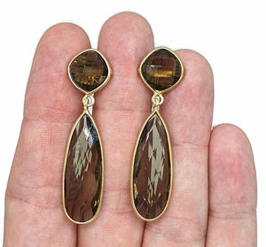 Rainbow Moonstone or Smoky Quartz Earrings, Sterling Silver, 14K Gold Plated - GemzAustralia 