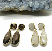 Load image into Gallery viewer, Rainbow Moonstone or Smoky Quartz Earrings, Sterling Silver, 14K Gold Plated - GemzAustralia 