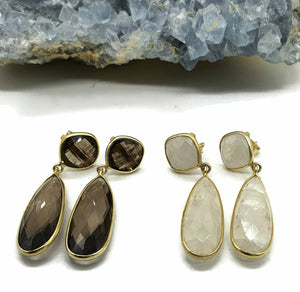 Rainbow Moonstone or Smoky Quartz Earrings, Sterling Silver, 14K Gold Plated - GemzAustralia 