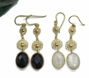 Long drop Gemstone Earrings, Sterling Silver, 14K gold plate, Black Onyx or Rainbow Moonstone - GemzAustralia 