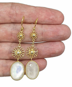 Long drop Gemstone Earrings, Sterling Silver, 14K gold plate, Black Onyx or Rainbow Moonstone - GemzAustralia 