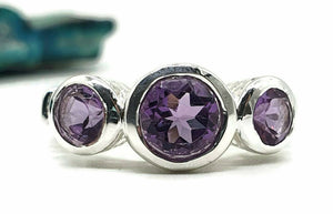 Amethyst Ring, 3 Sizes, Sterling Silver, Trilogy Ring, Three Stone Ring - GemzAustralia 