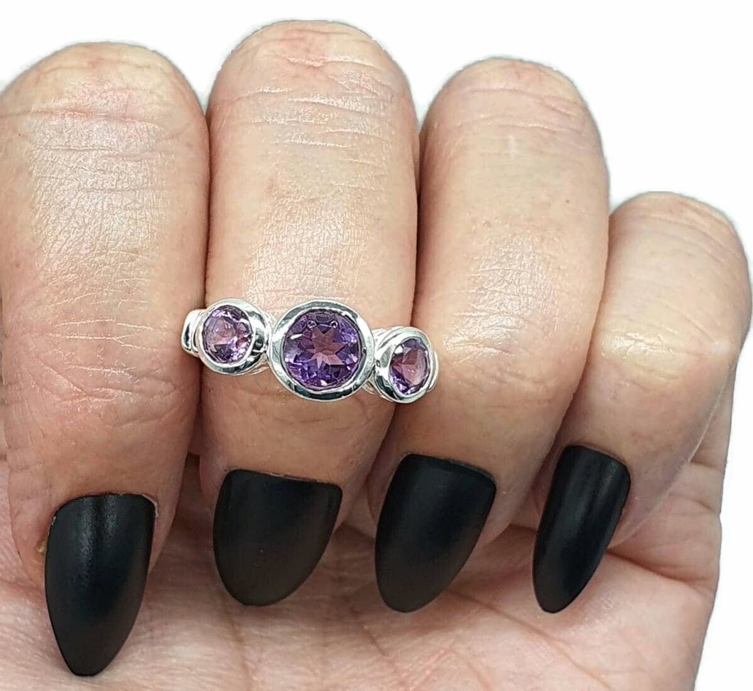 Amethyst Ring, 3 Sizes, Sterling Silver, Trilogy Ring, Three Stone Ring - GemzAustralia 