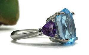 Swiss Blue Topaz & Amethyst Trilogy Ring, Size 7, Sterling Silver, Three Stone Ring - GemzAustralia 