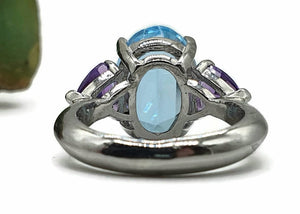 Swiss Blue Topaz & Amethyst Trilogy Ring, Size 7, Sterling Silver, Three Stone Ring - GemzAustralia 