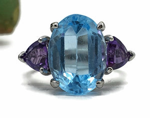 Swiss Blue Topaz & Amethyst Trilogy Ring, Size 7, Sterling Silver, Three Stone Ring - GemzAustralia 