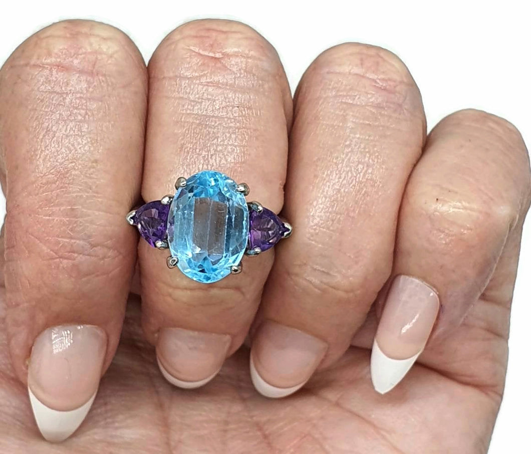 Swiss Blue Topaz & Amethyst Trilogy Ring, Size 7, Sterling Silver, Three Stone Ring - GemzAustralia 