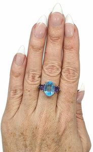 Swiss Blue Topaz & Amethyst Trilogy Ring, Size 7, Sterling Silver, Three Stone Ring - GemzAustralia 