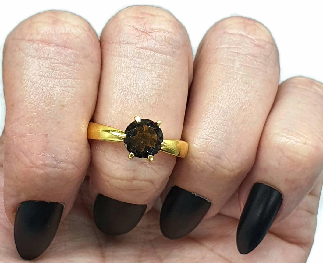 Smoky Quartz Ring, 3 sizes Sterling Silver, 14K gold Plated, 2.5 carats, Prong Set Solitaire - GemzAustralia 