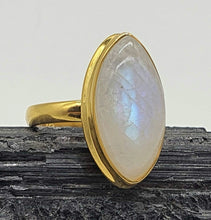 Load image into Gallery viewer, Rainbow Moonstone Ring, Size 8, Sterling Silver, 14k gold plated, Marquise - GemzAustralia 