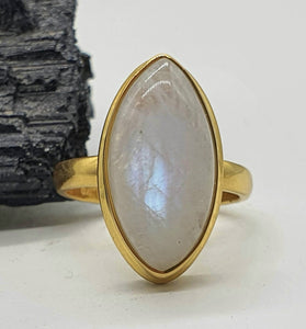 Rainbow Moonstone Ring, Size 8, Sterling Silver, 14k gold plated, Marquise - GemzAustralia 