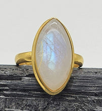 Load image into Gallery viewer, Rainbow Moonstone Ring, Size 8, Sterling Silver, 14k gold plated, Marquise - GemzAustralia 