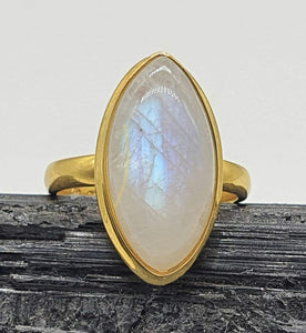 Rainbow Moonstone Ring, Size 8, Sterling Silver, 14k gold plated, Marquise - GemzAustralia 