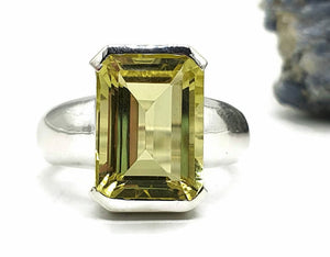 Lemon Quartz Ring, Emerald Faceted, 4 sizes, Sterling Silver, 10 carats, Gemini Zodiac - GemzAustralia 