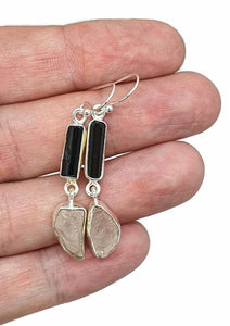 Raw Rose Quartz & Black Tourmaline Earrings, Sterling Silver, Rough Gemstones - GemzAustralia 