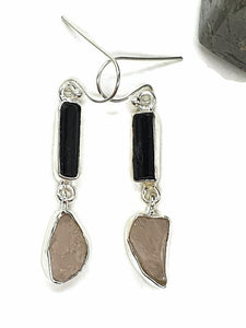 Raw Rose Quartz & Black Tourmaline Earrings, Sterling Silver, Rough Gemstones - GemzAustralia 