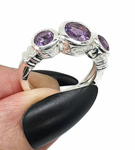 Amethyst Ring, 3 Sizes, Sterling Silver, Trilogy Ring, Three Stone Ring - GemzAustralia 