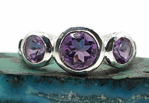 Amethyst Ring, 3 Sizes, Sterling Silver, Trilogy Ring, Three Stone Ring - GemzAustralia 