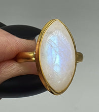 Load image into Gallery viewer, Rainbow Moonstone Ring, Size 8, Sterling Silver, 14k gold plated, Marquise - GemzAustralia 