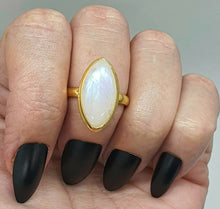 Load image into Gallery viewer, Rainbow Moonstone Ring, Size 8, Sterling Silver, 14k gold plated, Marquise - GemzAustralia 